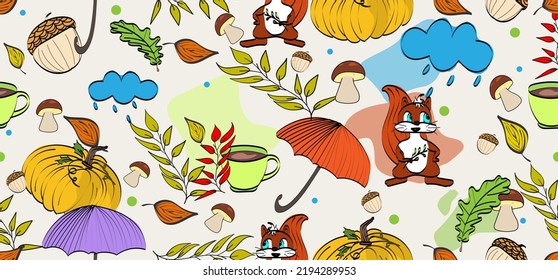 Set of autumn attributes such as squirrel, mushrooms, umbrella, acorn, leaves, pumpkin. Seamless vector pattern, isolated on white background