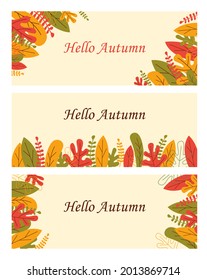 Conjunto de diseño de fondo otoño con hojas coloridas para banner web, promoción de compras de septiembre o descuento de compras de otoño, volante, invitación, tarjeta o afiche. Ilustración vectorial, diseño plano