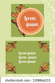 Set of autumn background for invitations with oak leaves on a green background.