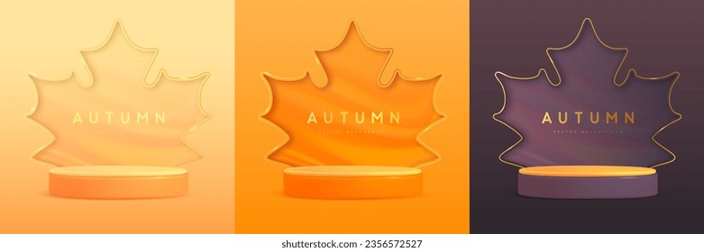 Set of autumn backgrounds with 3d podium, maple leaf silhouette and gold luxury outline. Vector illustration