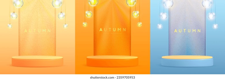 Conjunto de fondos de otoño con 3 d de podio y lámparas eléctricas. Ilustración del vector