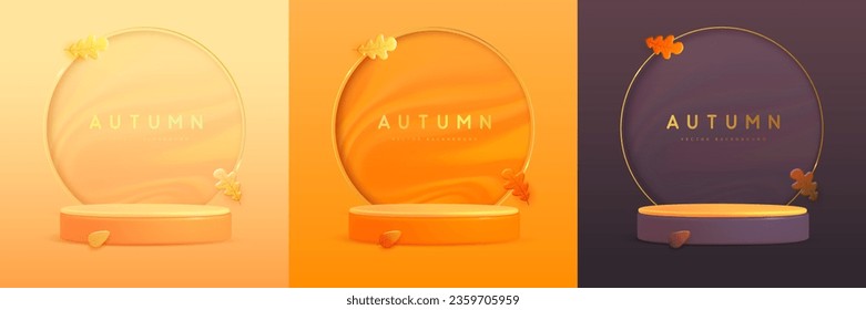 Set von Herbsthintergründen mit 3D-Podium, Herbstlaub und goldenem Luxusbogen. Vektorgrafik