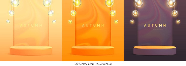 Set of autumn backgrounds with 3d podium and electric lamps. Vector illustration