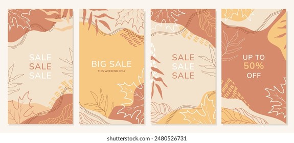 Conjunto de fondos de otoño, Anuncios, historias para redes sociales con hojas. Ilustración de estilo plano.