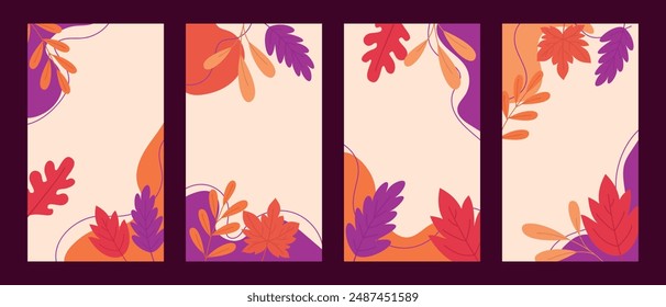 Set of autumn backgrounds with bright orange, red and purple autumn leaves. Template with place for text for poster, flyer, poster, social media, sale, voucher.
