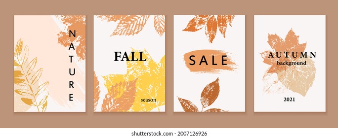 Set of autumn backgrounds, cards, shop banners. Grunge texture colorful leaves. Natural eco design.