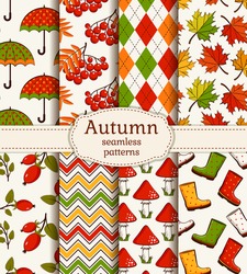 Set Of Autumn Backgrounds. Collection Of Colorful Seamless Patterns. Vector Illustration.