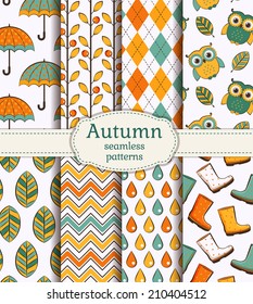 Set of autumn backgrounds. Collection of cute seamless patterns. Vector illustration.