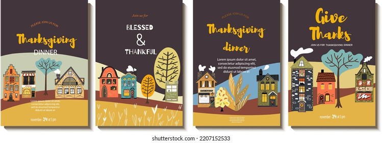 Set of autumn backgrounds for colorful banners with autumn landscapes, village, small cozy houses, trees. Use for event invitation, discount coupon, advertisement, suitable for Thanksgiving.