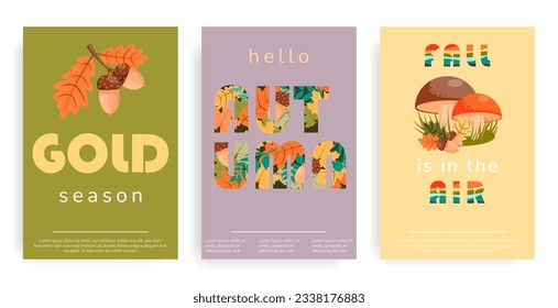 Set of autumn backgrounds and covers. Illustration with autumn fallen leaves, colorful mushrooms, acorns on a branch with oak leaves. Vector templates for cards, posters, flyers, covers and more.