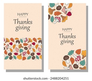 Set of autumn backgrounds and flyers with mushrooms and leaves, Thanksgiving card and poster.