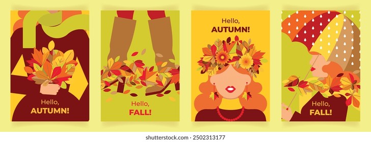 Set of autumn backgrounds with a girl in autumn clothes wearing a wreath, holding a bouquet of leaves, walking in boots, carrying an umbrella. Poster, flyer, advertising, label, price tag for sale
