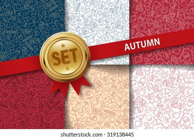 Set of autumn backgrounds with hand drawing icons in different colors