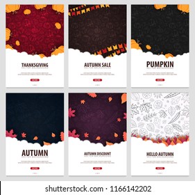Set of Autumn Backgrounds with leaves and pumpkins. For shopping sale, promo poster and frame leaflet, web banner. Vector illustration template