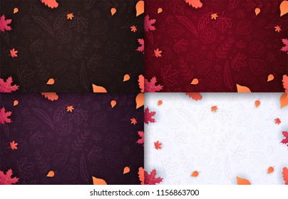 Set of Autumn Backgrounds with leaves for shopping sale, promo poster and frame leaflet, web banner. Vector illustration template