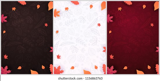 Set of Autumn Backgrounds with leaves for shopping sale, promo poster and frame leaflet, web banner. Vector illustration template