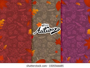 Set of Autumn Backgrounds with leaves for shopping sale, promo poster and frame leaflet, web banner. Vector illustration template