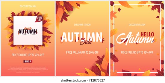 Set of Autumn Backgrounds with leaves for shopping sale or promo poster and frame leaflet or web banner. Vector illustration template