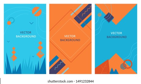 Set of autumn backgrounds in memphis style with geometric shapes and stylization of autumn. Abstract shapes composition.  Vector.