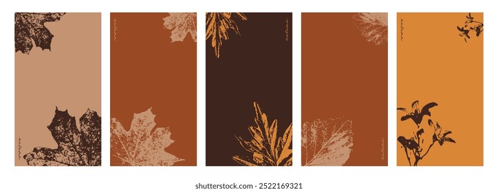 Conjunto de fondos de otoño para Plantillas de historias en tonos marrones. Marco de redes sociales con hojas de otoño trazadas y flor de campana. Ilustración plana de Vector