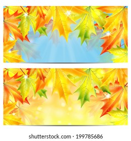 Set of autumn backgrounds with yellow and orange maple leaves