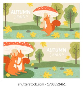 Set of autumn banner with cute squirrels hanging around in rainy forest, applicable to sale and event promotion