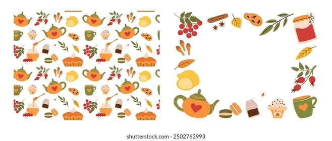 Set of Autumn banner, seamless pattern with teapot, berries and leaves. Square background with foliage frame. Advertising poster, social media post, discount card or flyer design template. Vector