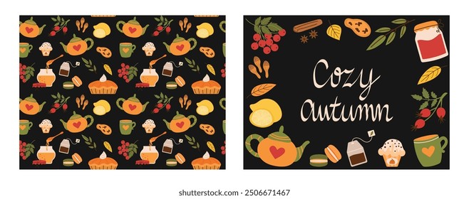 Set of Autumn banner and seamless pattern on black background. Vector illustration of square frame with cute cartoon teapot for cozy autumn, winter tea party.