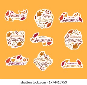 Set of autumn banners, badges or stickers. Vector design set of banners for autumn season bright autumn leaves. Collection for seasonal template, flyer, poster, card, label