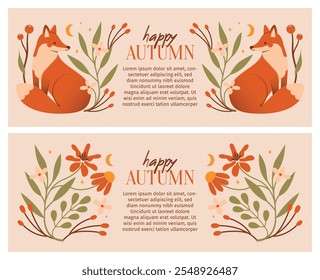 Conjunto de banners de outono design com raposa sentada, plantas, flores, bagas, crescente, folhas, texto. Layouts de cabeçalho com ilustrações ingênuas de elementos de animal de floresta e botânica. Modelos bonitos simples 