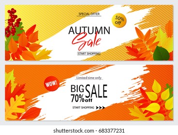Set of autumn banners with leaves. Wallpaper,flyers, invitation, posters, brochure, voucher discount.Vector illustration.
