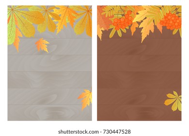 Set of autumn banners with maple, oak, rowan and clusters of mountain ash on a wooden background. Template for a voucher, discount, seasonal sale