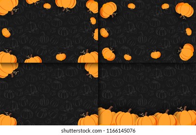 Set of Autumn banners on the dark background with Hand-draw Pumpkins. Thanksgiving day. For shopping sale, promo poster and frame leaflet, web banner. Vector illustration template