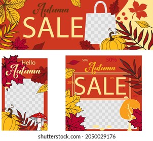 
Set of autumn banners in shades of orange and red with hand-drawn autumn elements: leaves, trees and pumpkin