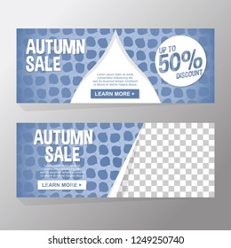 Set Autumn Banners With Silhouette Falling exotic round leaf. Elegant Cute Design Ideal Balanced Colors. Layout with transparent space image, Copy Space, blue background. Vector Illustration