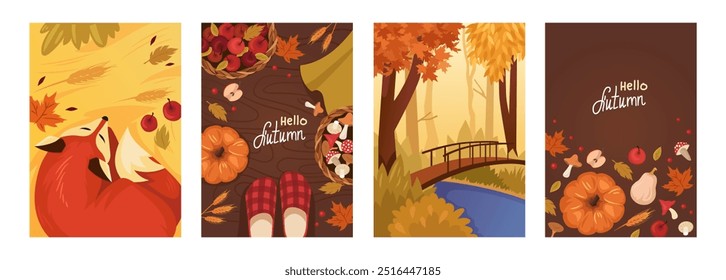 Conjunto de Anuncios de otoño. Zorro durmiente. Calabaza, manzanas y champiñones. Paisaje de otoño. Vector ilustración de dibujos animados.