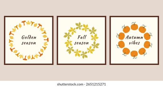 Set of autumn banners wreath of chestnut leaves, mushrooms, pumpkins Vector illustration to design your ideas