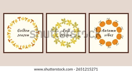 Set of autumn banners wreath of chestnut leaves, mushrooms, pumpkins Vector illustration to design your ideas