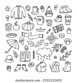 Set autumn. Blanket, jar of jam, umbrella, socks, teapot, candle. Doodle. Vector illustration. Hand drawn. Outline.