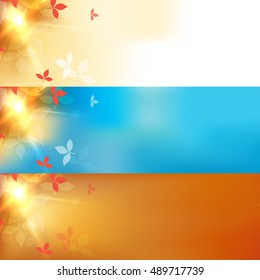Set of autumn blurred blue abstract banners with bokeh effect, red leaves. Vector illustration