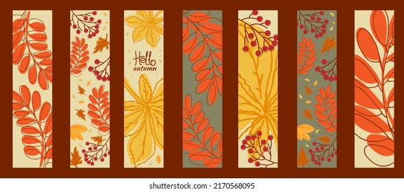 Establecer marcadores de otoño. Hola otoño. Hojas otoñales y rama de arándano de rowan, hoja de castaño.