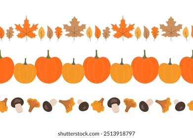 Set of autumn borders with pumpkins, mushrooms and leaves, seamless borders for Thanksgiving.