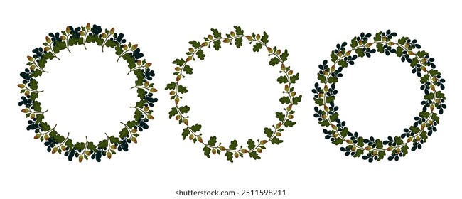Set of autumn botanical frames with oak branches and acorns, autumn leaves. Vector graphics.