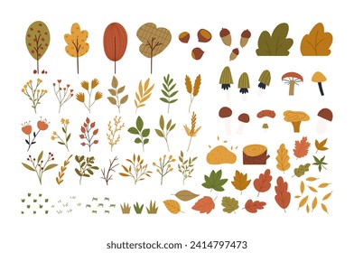 Set of autumn botany elements in cute hand drawn flat style, isolated on white background. Fall season nature - trees, leaves, mushrooms and flowers.