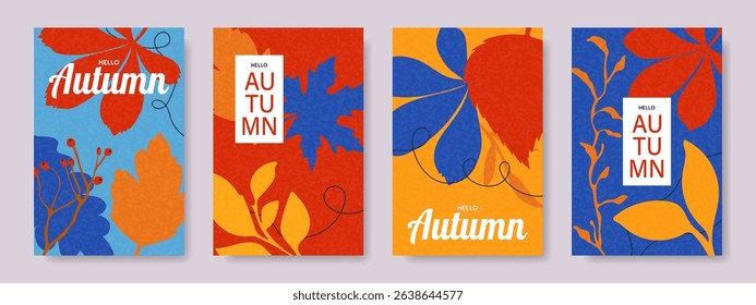 Set of autumn bright creative posters with autumn leaves. Autumn background, sale banner, flyer design. Vector.