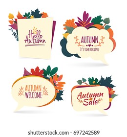 Set autumn bubbles. Design banner with autumn sale and hello logo. Discount card for fall season with herb. Promotion offer with autumnal oak plant, maple leave and flowers decoration. Vector 