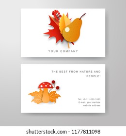 Set of autumn business cards with leaves, fruits and mushrooms. Paper art