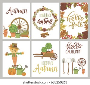 Set of Autumn card with garden tools and leaf. Editable vector illustration