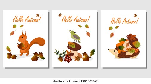 Set of autumn card with hedgehog, squirrel and bird. Acorns, mushrooms, autumn leaves and animals in the forest. Vector illustration. For postcards, invitations, covers, gift shops and markets