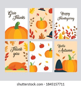 Set autumn card with thanksgiving. Happy thanksgiving card. Happy thanksgiving leaves.elegant thanksgiving